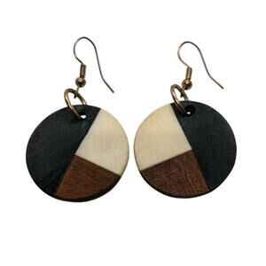 Boho Color Block Round Dangle Earrings Wood Tone Disc, EUC